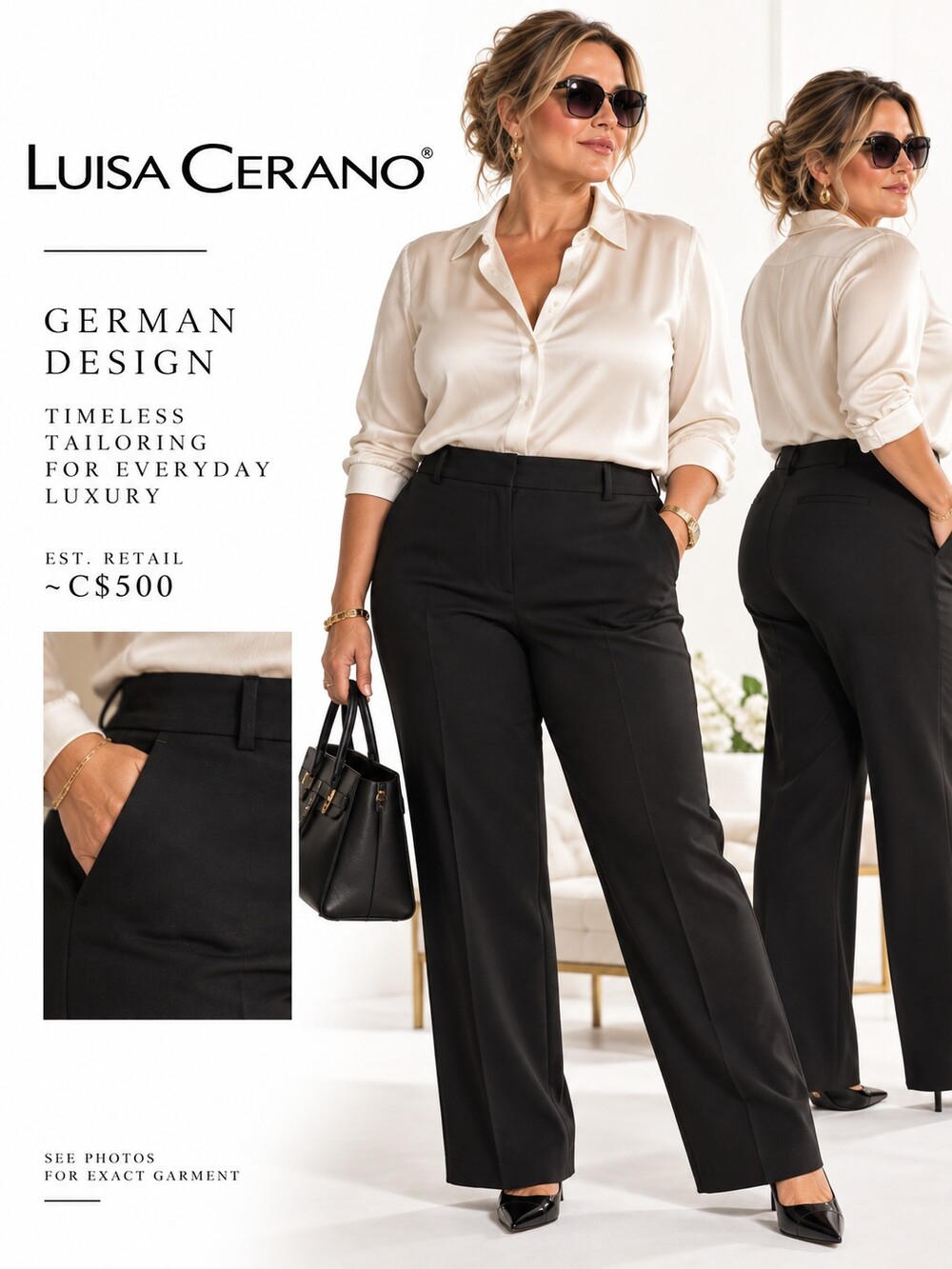 Luisa Cerano Black Straight-Leg Trousers Size 44 18 XL BOSS Quiet Luxury Euro